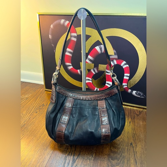 Brighton Vintage Black and Croc Embossed Brown Leather Handbag - Picture 7 of 10